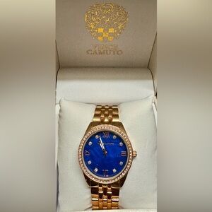 Elegant Women’s Vince Camuto Watch in Rose Gold with Royal Blue Diamond Bezel